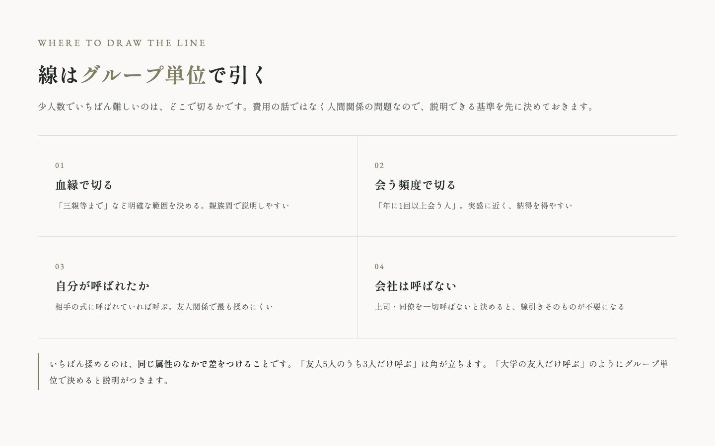 招待範囲を決める4つの基準。血縁で切る、会う頻度で切る、自分が呼ばれたか、会社は呼ばないの4案